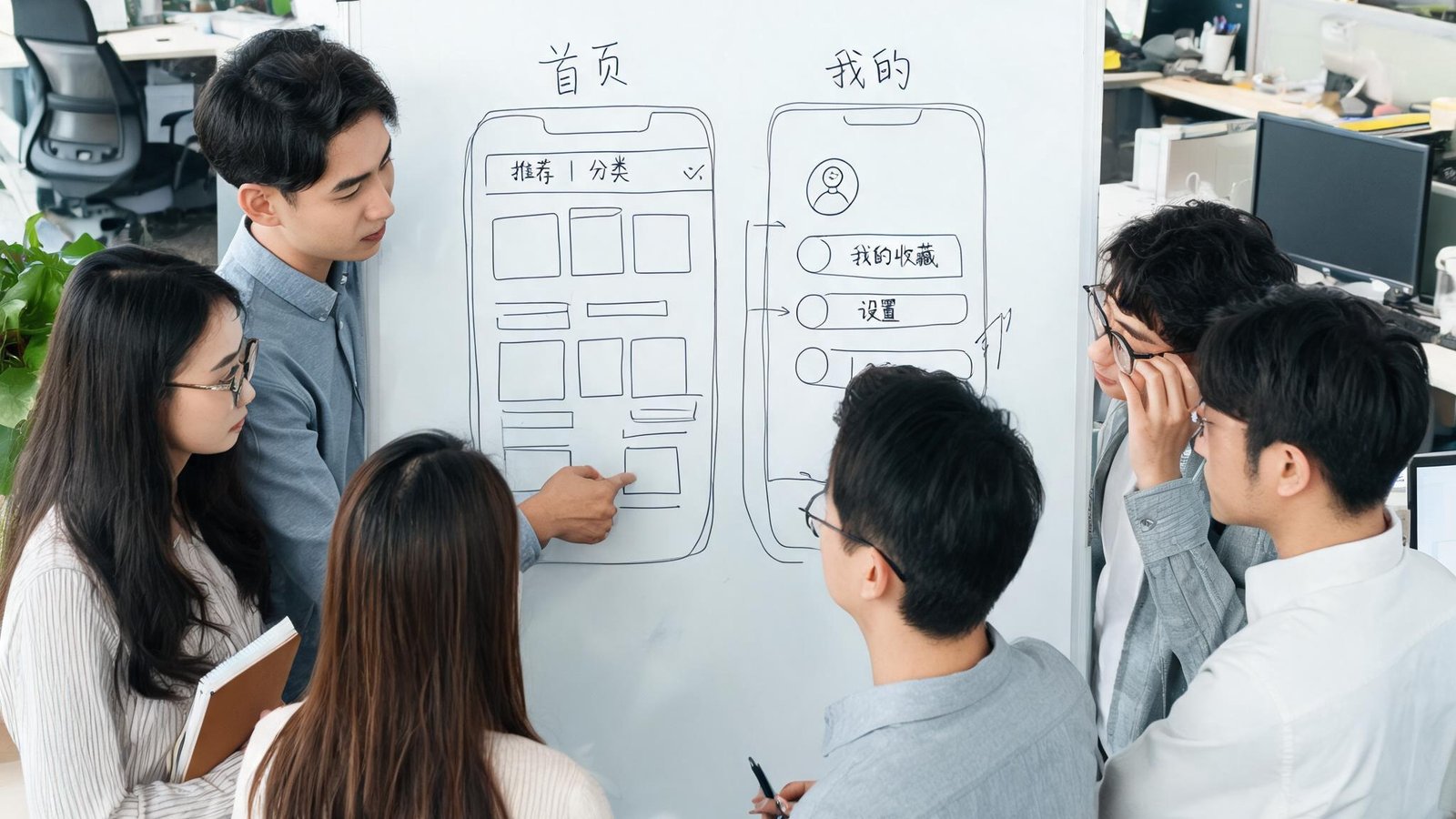 爱游戏官方网站核心团队在开放式办公室讨论产品设计，白板上画着用户界面草图